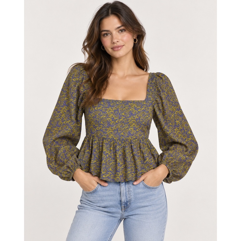 ABAUNF Peplum Top Womens Medium Purple Yellow Floral Puff Sleeve NWT